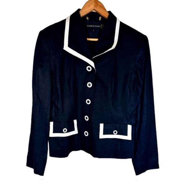 NWT Classiques Entier Vintage Blazer Black w/White Trim 100% Linen Size Med - Picture 1 of 9